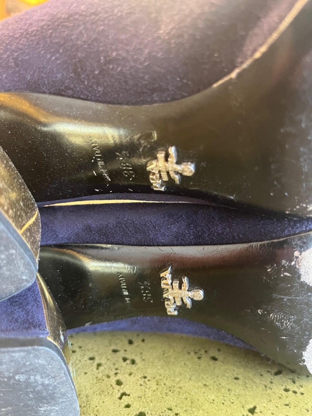 Prada Navy Suede Heels with Gold Buckle Accent - Picture 4 of 6